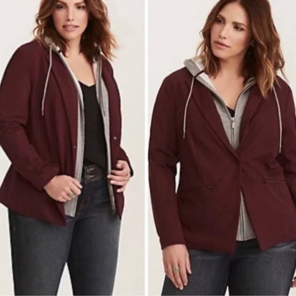 Torrid Blazer Jacket Women 3X Burgundy Hooded Layered Knit Professional Casual